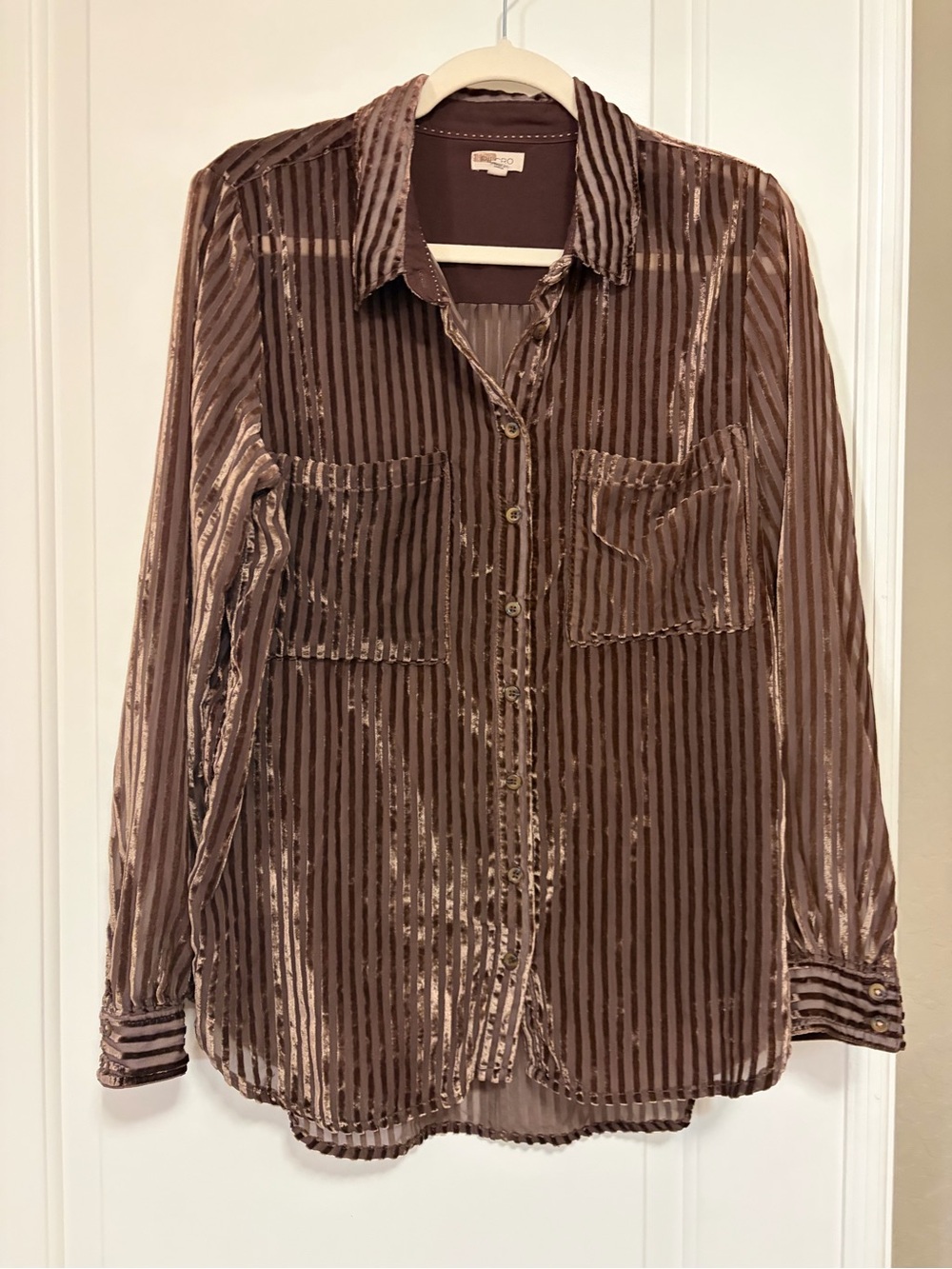🤎Anthropologie Chocolate Brown Velvet Striped Sheer Button Down Blouse 🤎